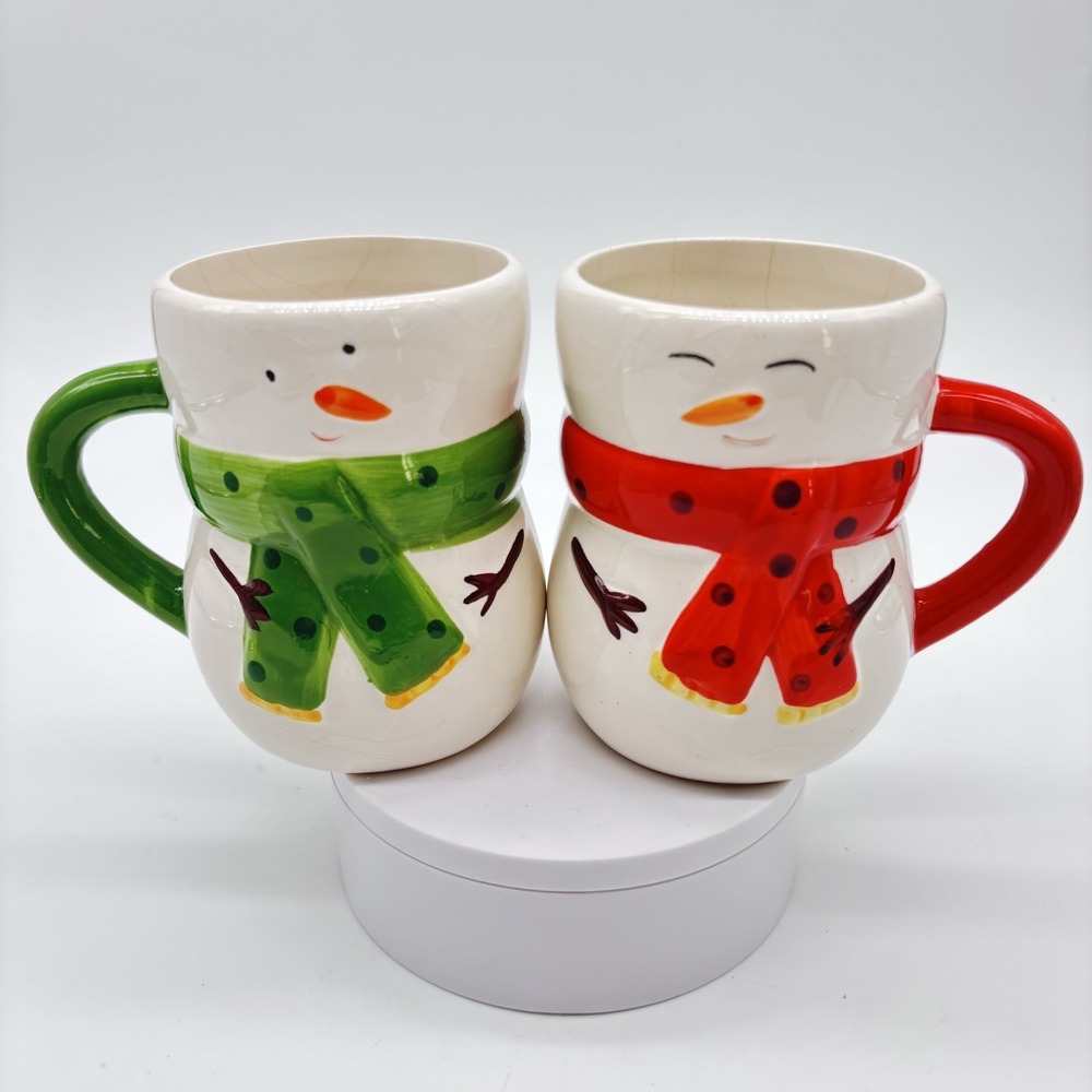 2 Bay Island Crackled Glass Snowman Christmas Holiday Mugs 4" 12 Oz‎